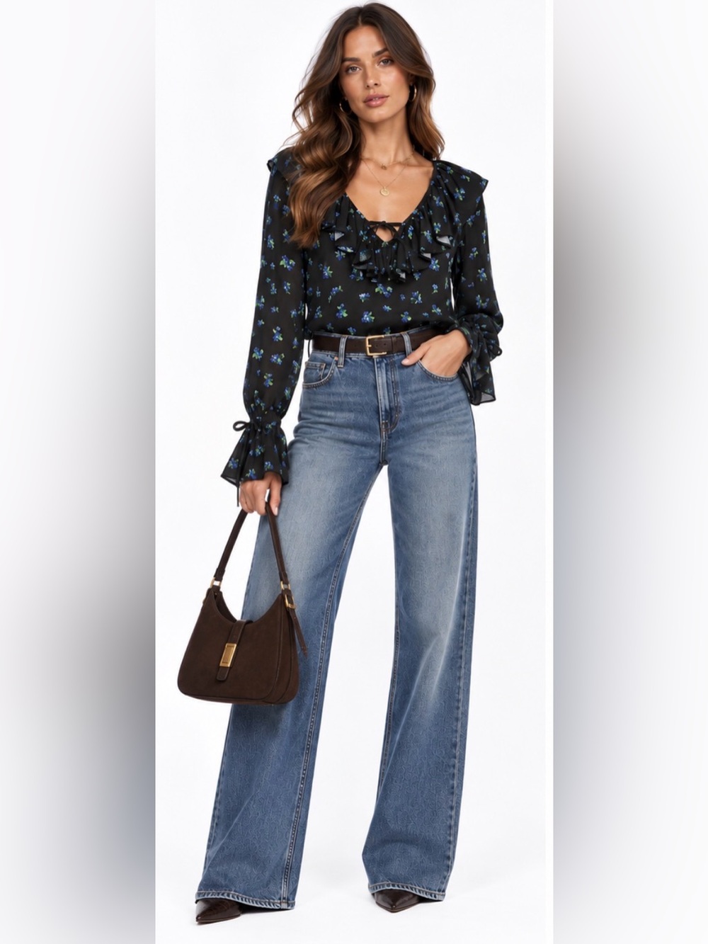 We WoreWhat Revolve Ruffle Blouse Watercolor Ditsy Black Multi